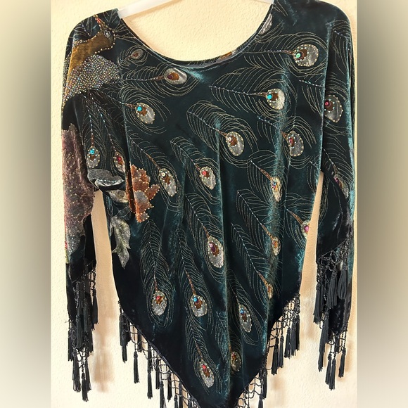 Gorgeous Blouse Tops Poncho Style Rich Velvet, Peacock embroidery beaded tassels - Picture 2 of 9